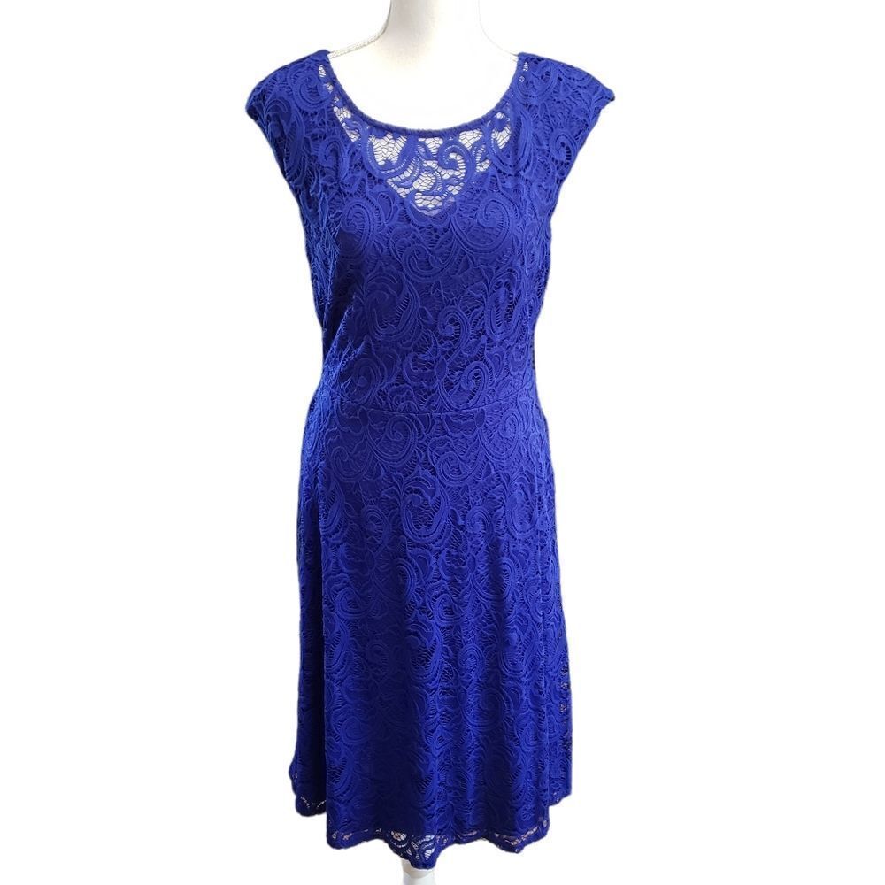 Connected Apparel Blue Lace Cap Sleeve Dress Size 6 NWT